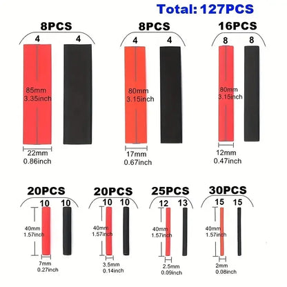 127PCS Black Red Heat Shrink Tubing 2:1 Assortment Polyolefin Tube Car Cable Sleeving Wrap Wire Kit Tuck's Performance
