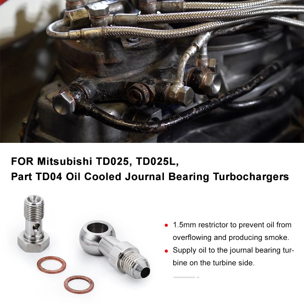 Turbo Oil Feed M10x1.0 To AN4 1.25mm Restricto Racing Banjo Bolt Fitting Kit For Mitsubishi TD025 TD025L Auto Parts Brake System Tuck's Performance