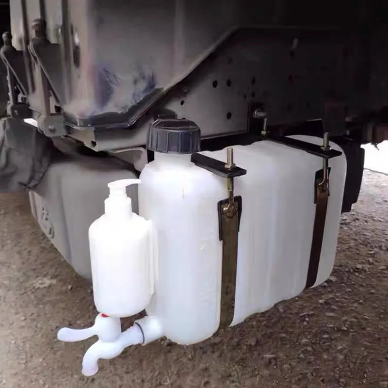 9L fresh water tank with tap and soap dispenser - mounted on a truck chassis