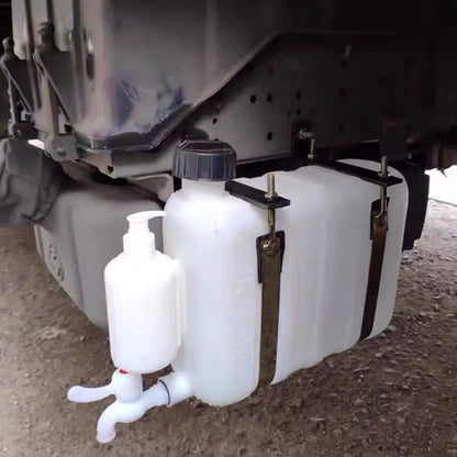 9L fresh water tank with tap and soap dispenser - mounted on a truck chassis