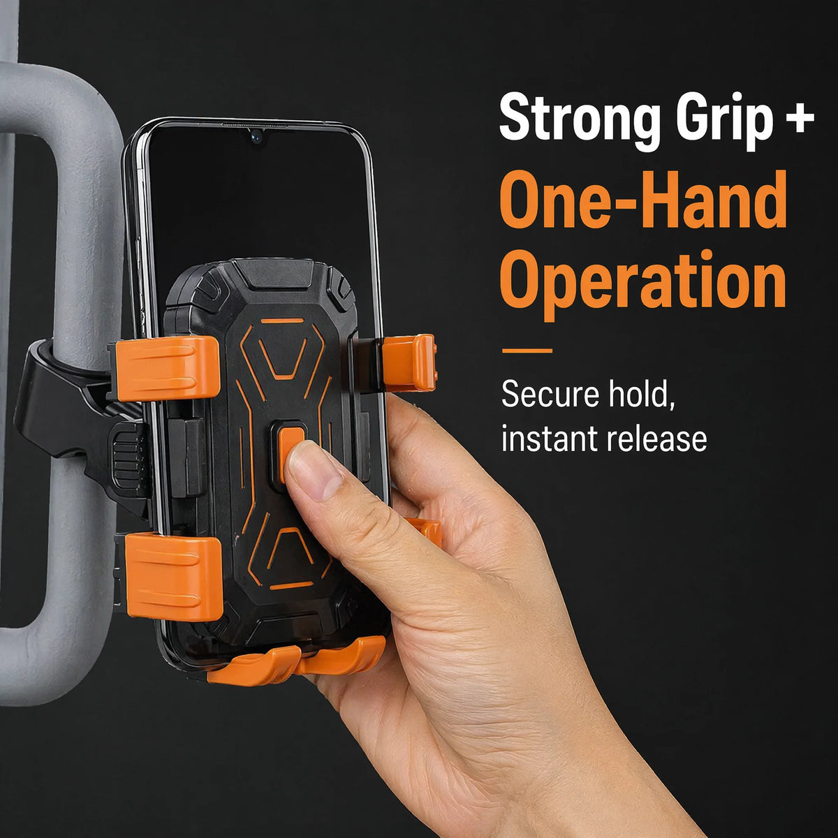 One-hand operation of the grab bar phone mount