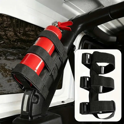 Fire extinguisher strapped to a roll bar with the adjustable holder