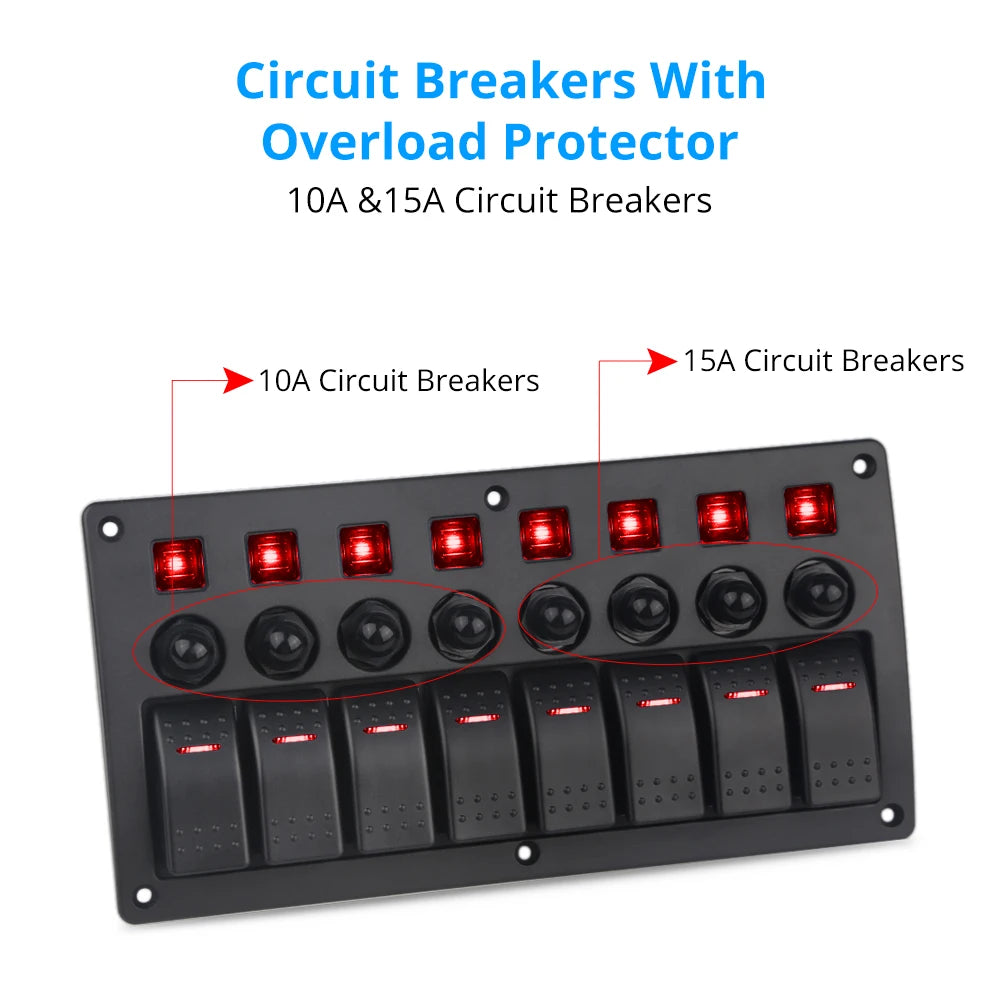 8 gang marine rocker switch panel with circuit breakers - 10A and 15A circuit breakers