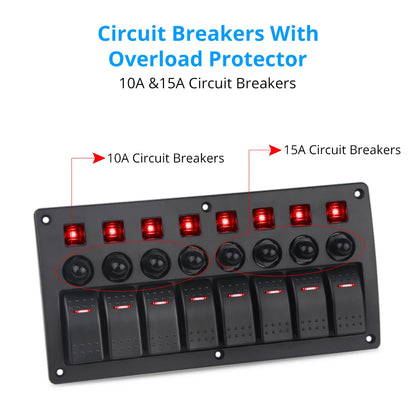 8 gang marine rocker switch panel with circuit breakers - 10A and 15A circuit breakers