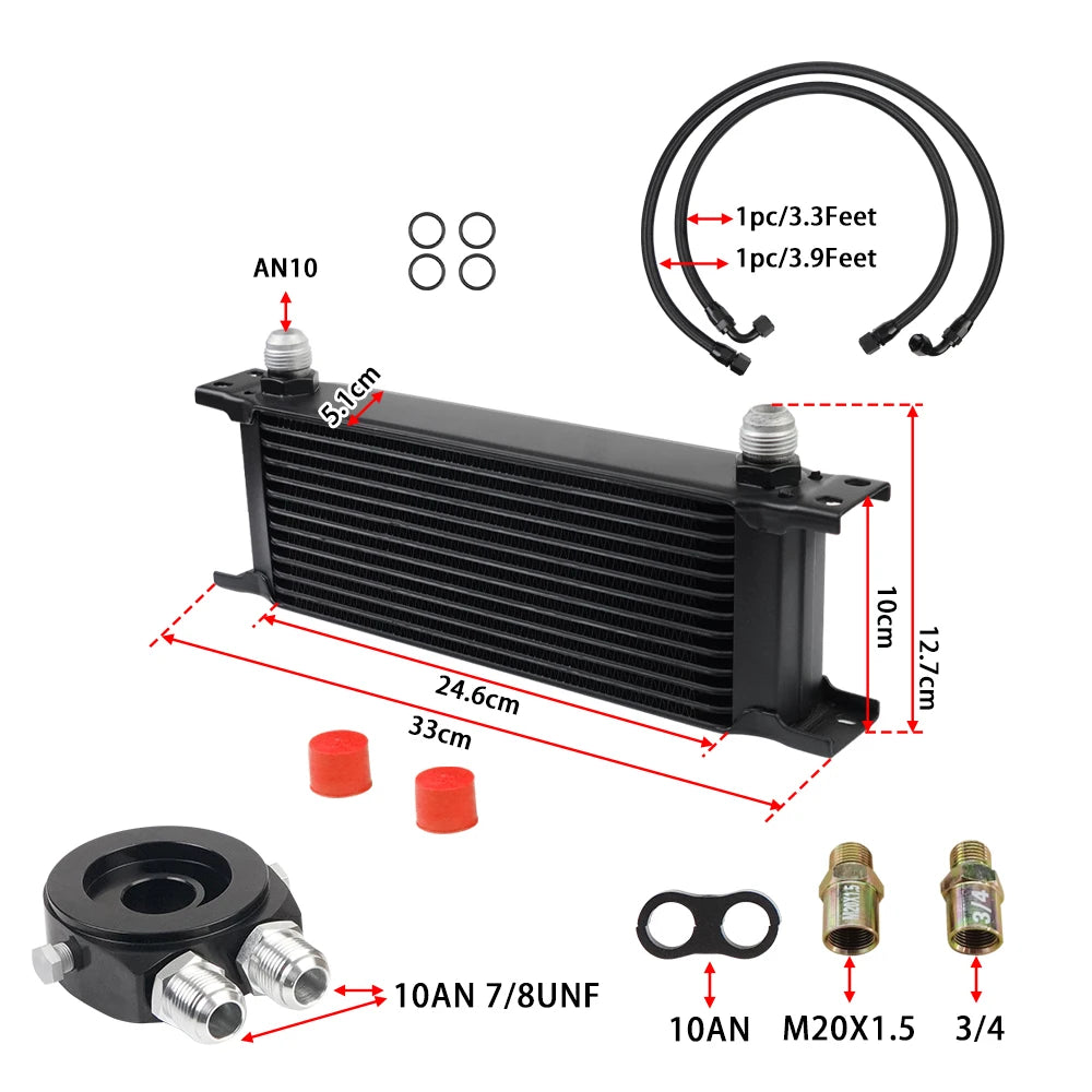 Universal 13 Rows Oil Cooler Kit, 10AN Transmission Engine Cooler W/Oil Filter Sandwich Adapter Nylon Braided Hose Line Kit Tuck's Performance