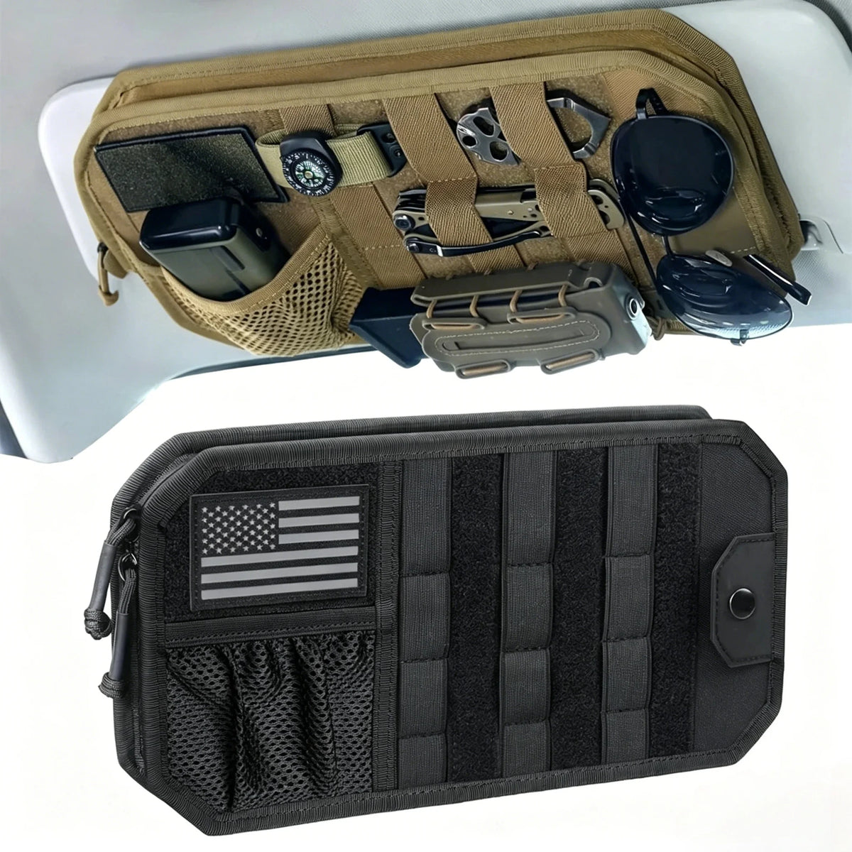 Sun visor MOLLE organiser holding sunglasses, torch and gear in a 4WD