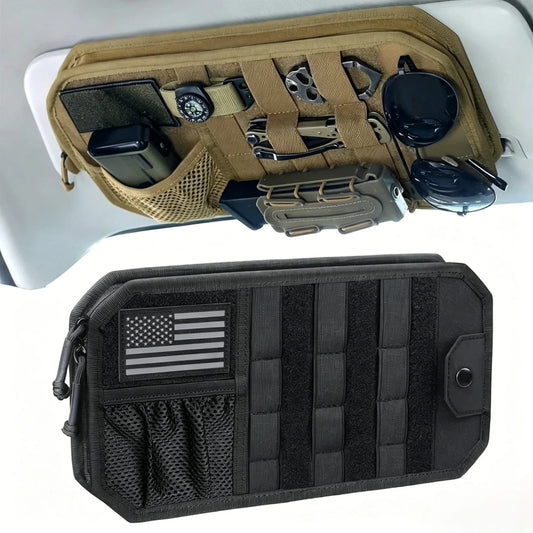Sun visor MOLLE organiser holding sunglasses, torch and gear in a 4WD