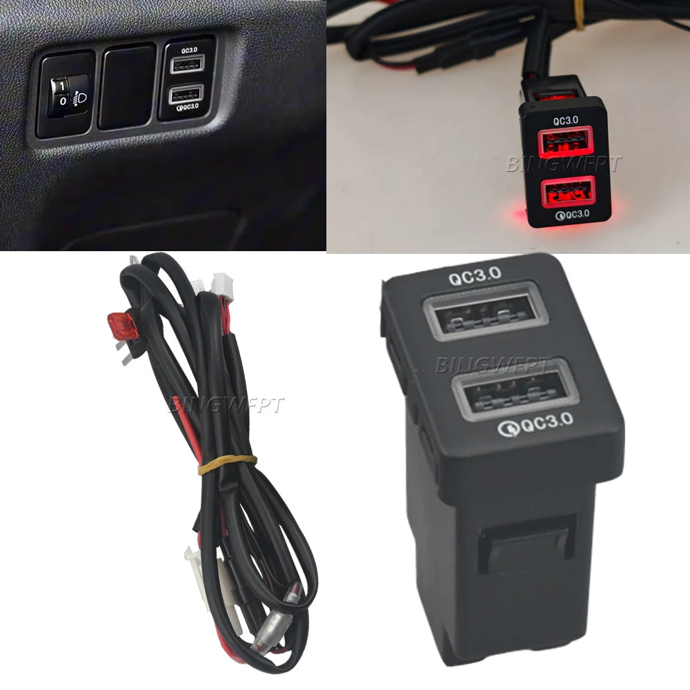 Red LED Car USB Charger PD Quick Charge Phone Charging Adapter Outlet Button For Mitsubishi Outlander Eclipse Cross L200 Triton Tuck's Performance