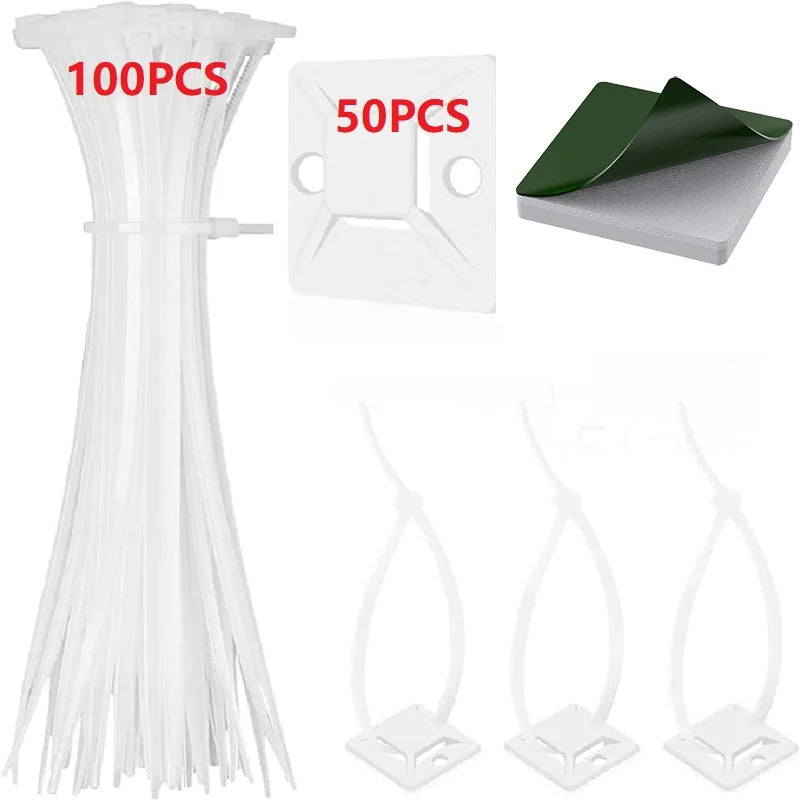 50/100/150pcs Nylon Self-Adhesive Cable Ties Mount Wire Fasten Organizer Fixers Easy Cable Management System Reusable Durable Tuck's Performance