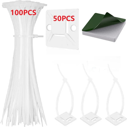 50/100/150pcs Nylon Self-Adhesive Cable Ties Mount Wire Fasten Organizer Fixers Easy Cable Management System Reusable Durable Tuck's Performance