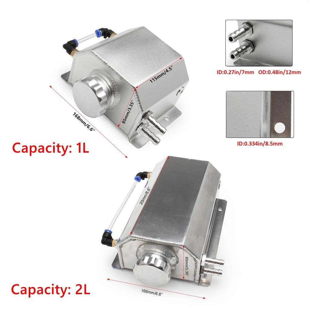 Universal 1L/2L Aluminum Oil Catch Can Reservoir Tank Engine Coolant Radiator Overflow Oil Fuel Tank With Drain Plug Breather Tuck's Performance