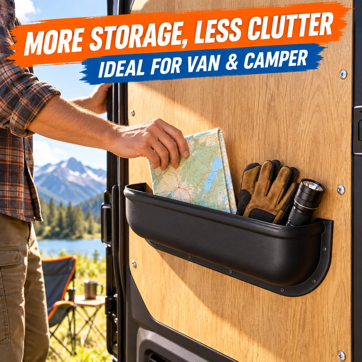 Van and camper door organiser tray holding a map and gloves