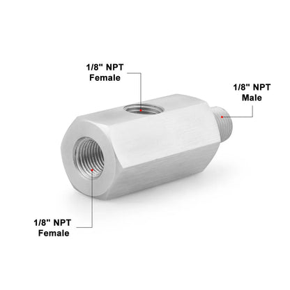 Oil Pressure Sensor Tee Adapter Turbo Supply Feed Line Gauge Female to 1/8 NPT Side Port Stainless Steel Hose T Fittings Tuck's Performance