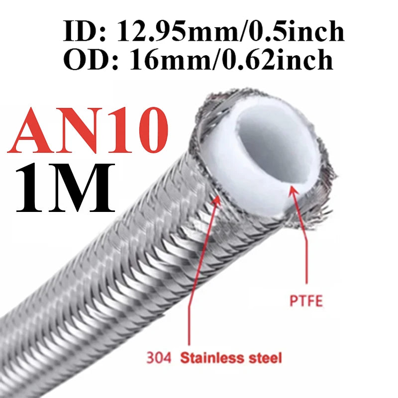 1M/3M/4M/6M AN3 AN4 AN6 AN8 AN10 Racing Hose 304 Stainless Steel Braided PTFE Brake Hose E85 Fuel Oil Line Oil Cooler Hose Pipe Tuck's Performance