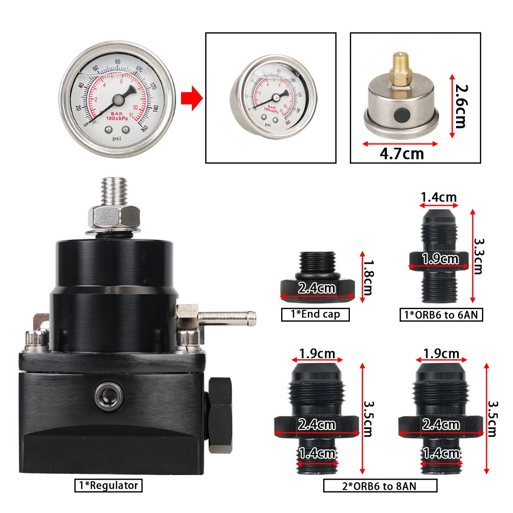 Adjustable Fuel Pressure Regulator with White Oil Gauge With AN8/10 Feed Fitting & AN6 Return Line Fitting & AN8/10 End Cap Tuck's Performance