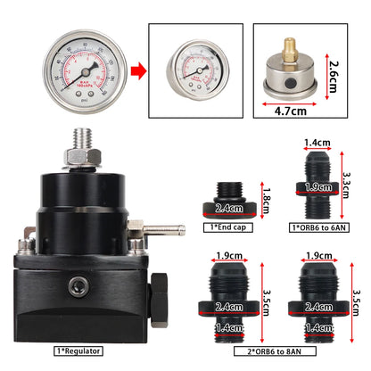 Adjustable Fuel Pressure Regulator with White Oil Gauge With AN8/10 Feed Fitting & AN6 Return Line Fitting & AN8/10 End Cap Tuck's Performance