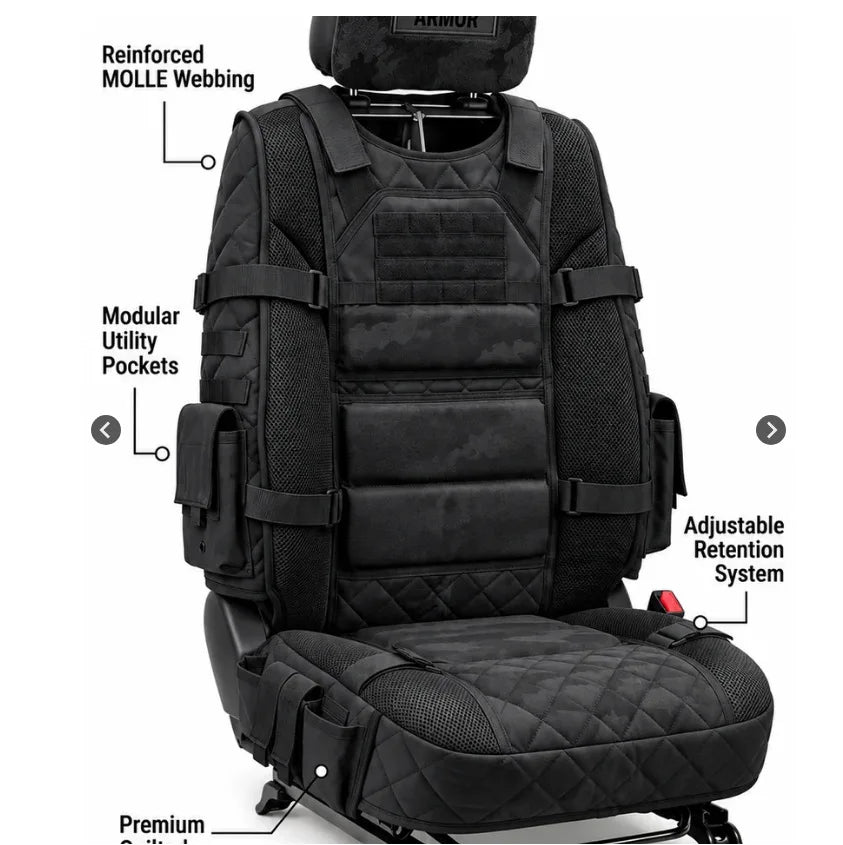 Black tactical seat cover features