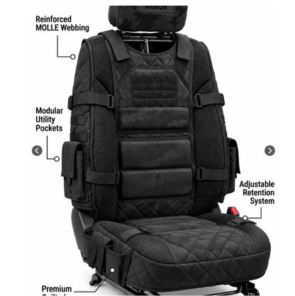 Black tactical seat cover features