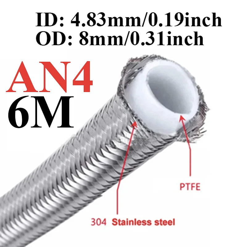 1M/3M/4M/6M AN3 AN4 AN6 AN8 AN10 Racing Hose 304 Stainless Steel Braided PTFE Brake Hose E85 Fuel Oil Line Oil Cooler Hose Pipe Tuck's Performance