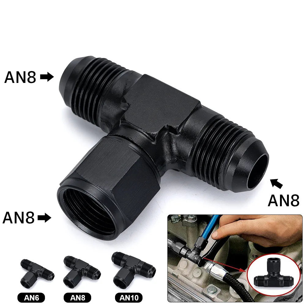 6AN AN8 AN10 Tee Block Aluminum AN6 T Fuel Hose Union Fitting Adapter Black 6 AN to 2x 6AN Tuck's Performance