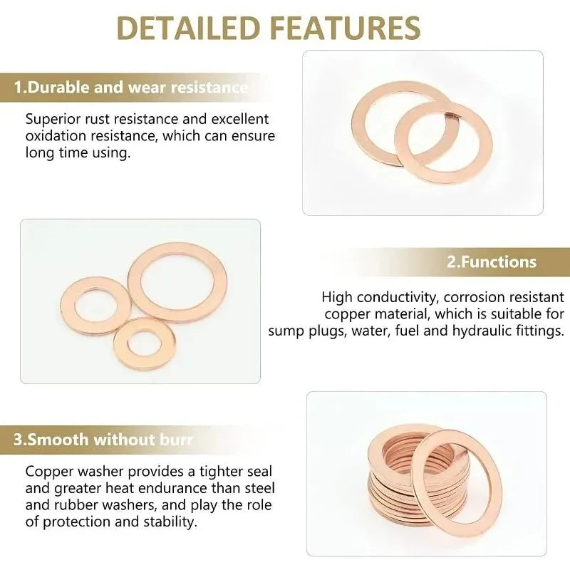200pcs Copper Washer Gasket Nut & Bolt Set - Perfect For Sump Plugs - Includes Box & Assorted Sizes (M5/M6/M8/M10/M12/M14) Tuck's Performance