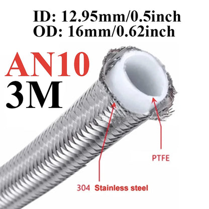1M/3M/4M/6M AN3 AN4 AN6 AN8 AN10 Racing Hose 304 Stainless Steel Braided PTFE Brake Hose E85 Fuel Oil Line Oil Cooler Hose Pipe Tuck's Performance