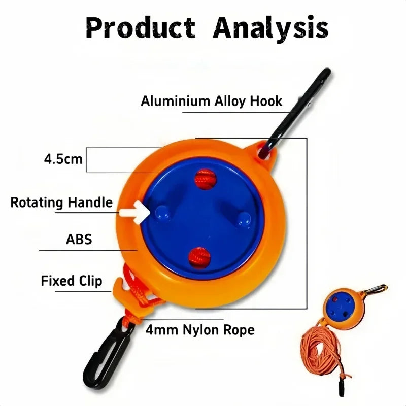 Retractable clothesline parts: alloy hook, wind-up handle, fixed clip, 4 mm nylon line