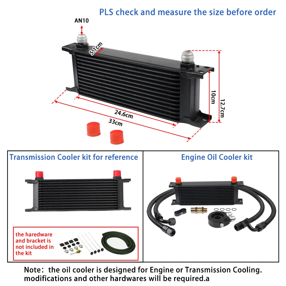 Universal 13 Rows Oil Cooler Kit, 10AN Transmission Engine Cooler W/Oil Filter Sandwich Adapter Nylon Braided Hose Line Kit Tuck's Performance