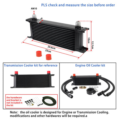 Universal 13 Rows Oil Cooler Kit, 10AN Transmission Engine Cooler W/Oil Filter Sandwich Adapter Nylon Braided Hose Line Kit Tuck's Performance
