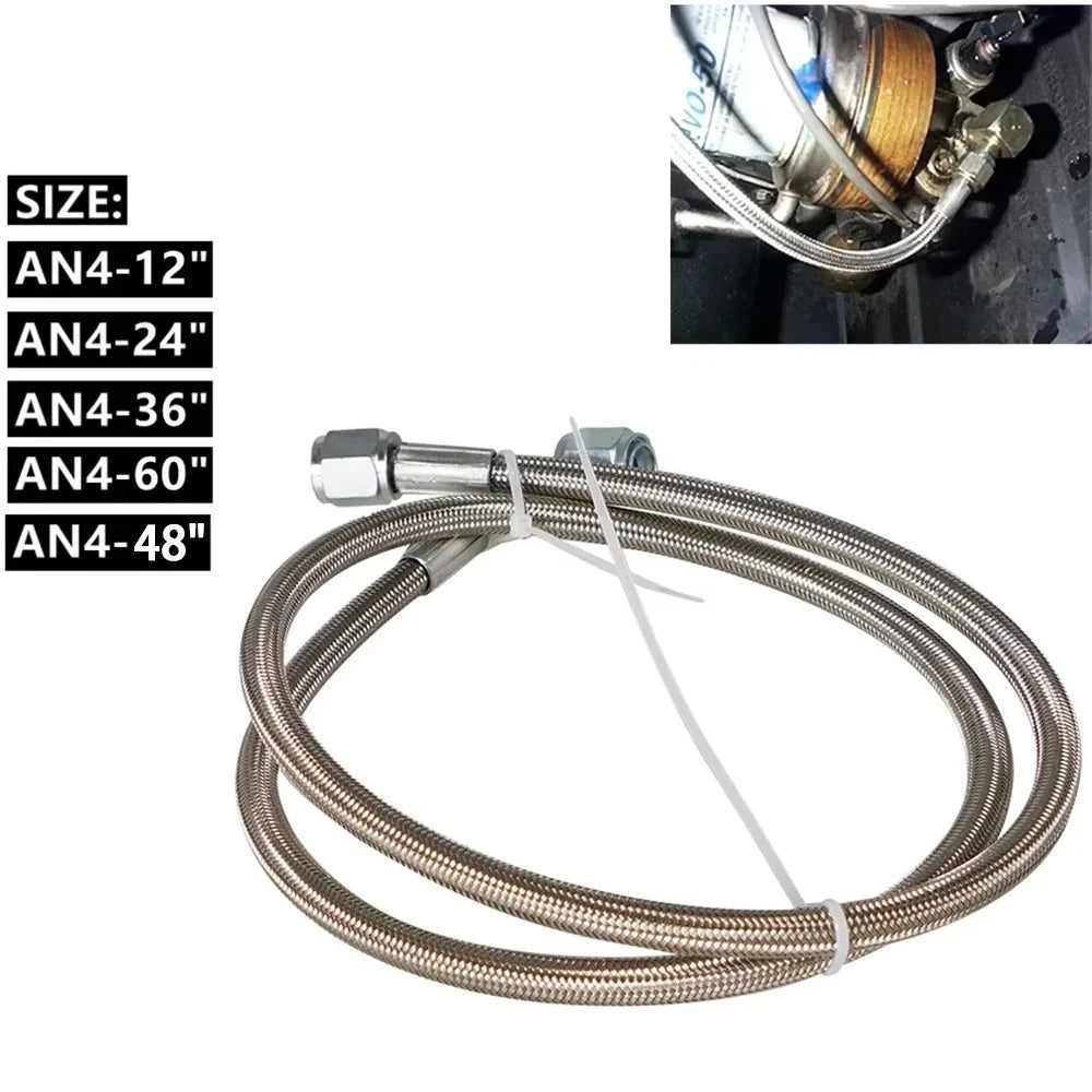 Universal 12' 24' 36' 48'60' AN4 90 Degree X Straight PTFE Turbine Oil Feed Pipe Turbo Oil Feed Line Kit Stainless Steel Braided Tuck's Performance