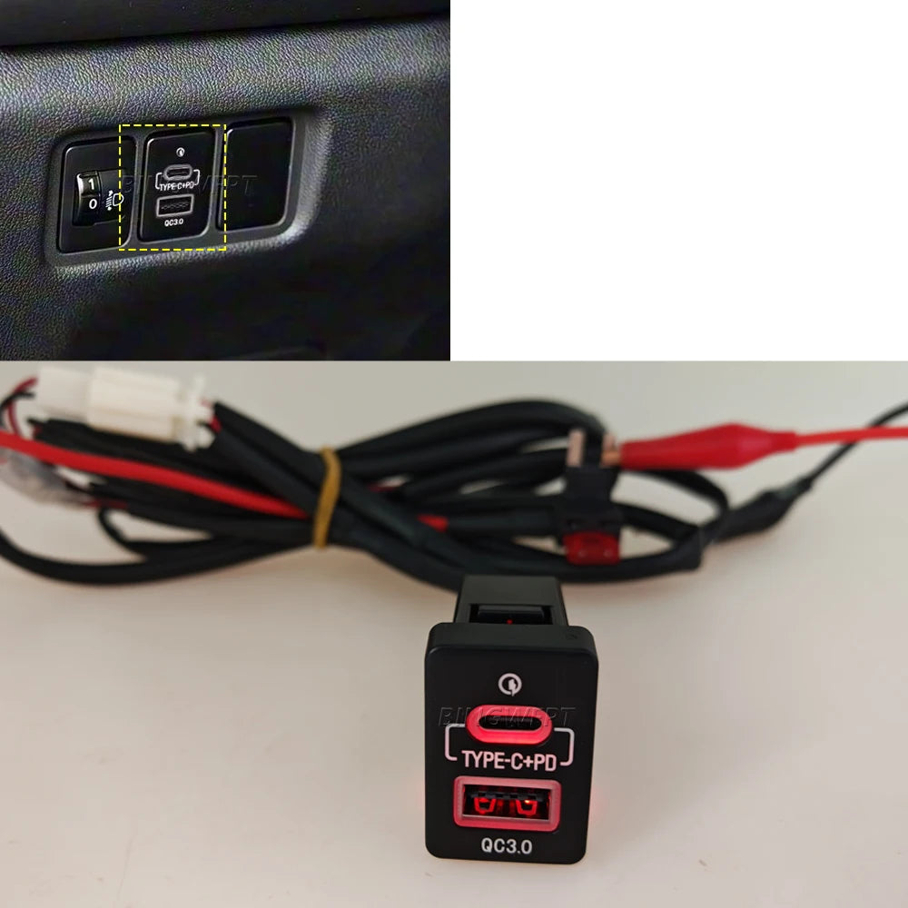 Red LED Car USB Charger PD Quick Charge Phone Charging Adapter Outlet Button For Mitsubishi Outlander Eclipse Cross L200 Triton Tuck's Performance