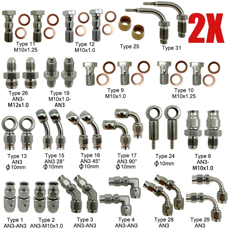 2X Stainless Steel 3AN Motorcycle Motor Bike Hydraulic Brake Oil Hose Line Banjo Fitting 10MM 0/28/45/90° Brake Hose End Adapter Tuck's Performance