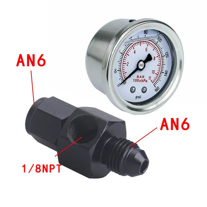 Universal Fuel Pressure Gauge Liquid 0-100psi Oil Press Gauge 1/8" NPT with Fuel Pressure Take Off Fitting AN6 AN8 AN10 Adapter Tuck's Performance