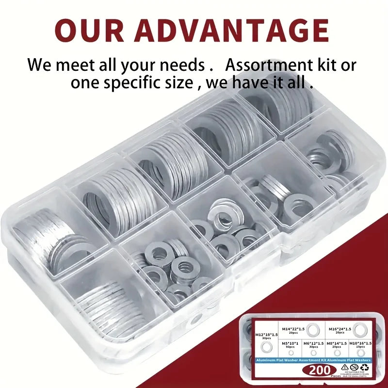 Aluminium Crush Washer Kit 200 Piece, 7 Sizes M6 to M16 for Sump Plugs and Fittings Tucks Performance