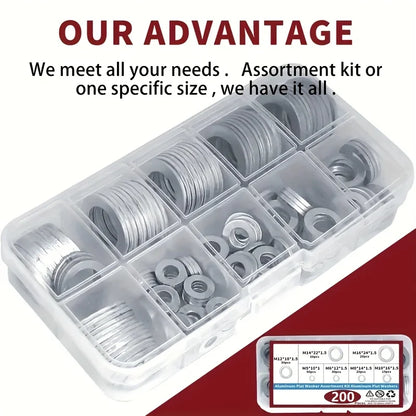 Aluminium Crush Washer Kit 200 Piece, 7 Sizes M6 to M16 for Sump Plugs and Fittings Tucks Performance