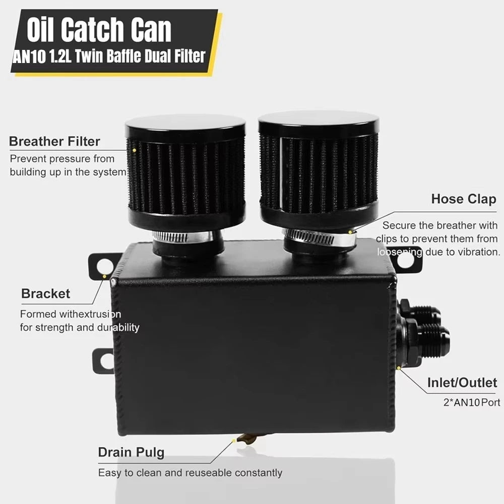 Universal AN10 1.2L Twin Baffle Dual Filter Engine Oil Catch Can Tank with Air Filters Oil Catch Reservoir Tank Can Breather Kit Tuck's Performance