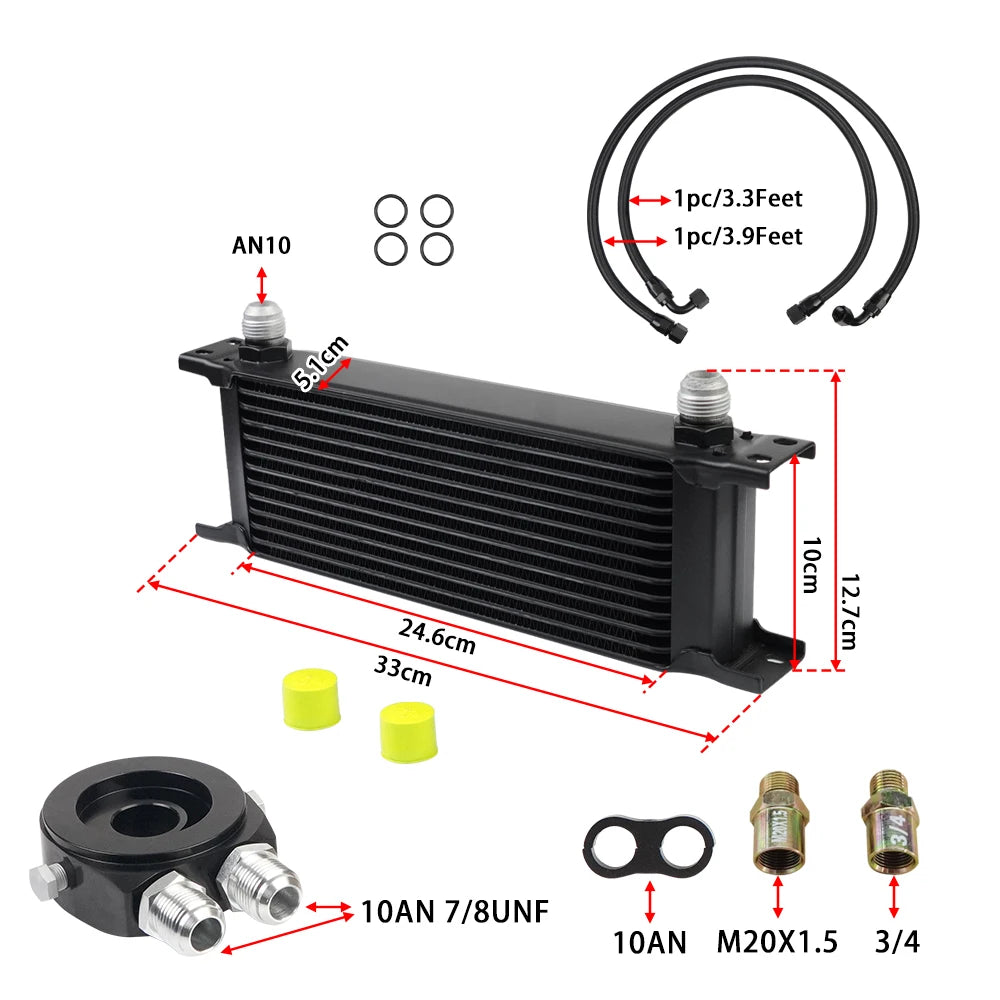 Universal 13 Rows Oil Cooler Kit, 10AN Transmission Engine Cooler W/Oil Filter Sandwich Adapter Nylon Braided Hose Line Kit Tuck's Performance
