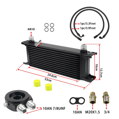 Universal 13 Rows Oil Cooler Kit, 10AN Transmission Engine Cooler W/Oil Filter Sandwich Adapter Nylon Braided Hose Line Kit Tuck's Performance