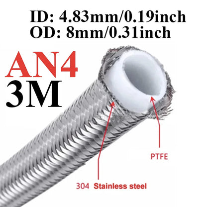 1M/3M/4M/6M AN3 AN4 AN6 AN8 AN10 Racing Hose 304 Stainless Steel Braided PTFE Brake Hose E85 Fuel Oil Line Oil Cooler Hose Pipe Tuck's Performance