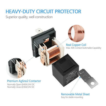 5Pcs Waterproof Automotive Relay 12V 24V 5Pin 40A Car Relay with Black Red Copper Terminal Auto Relay Socket SPDT Harness Cable Tuck's Performance