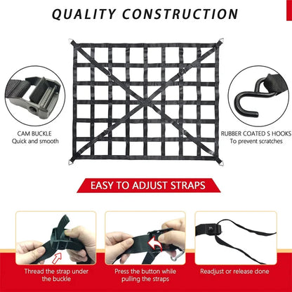 Cargo net construction with cam buckles and rubber coated S-hooks