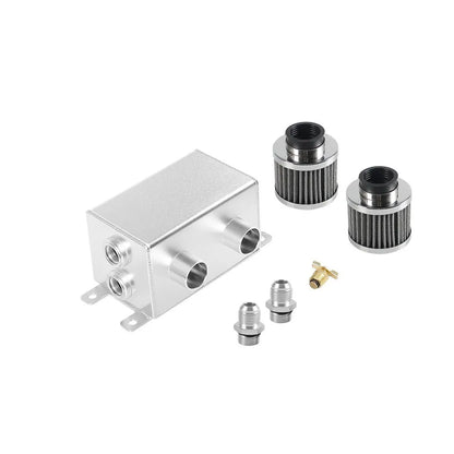 Universal AN10 1.2L Twin Baffle Dual Filter Engine Oil Catch Can Tank with Air Filters Oil Catch Reservoir Tank Can Breather Kit Tuck's Performance
