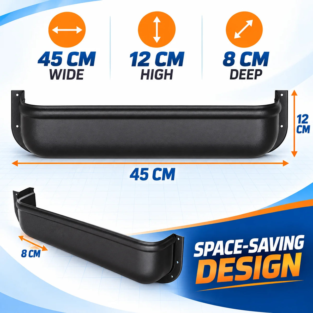Door storage tray dimensions 45cm wide, 12cm high, 8cm deep