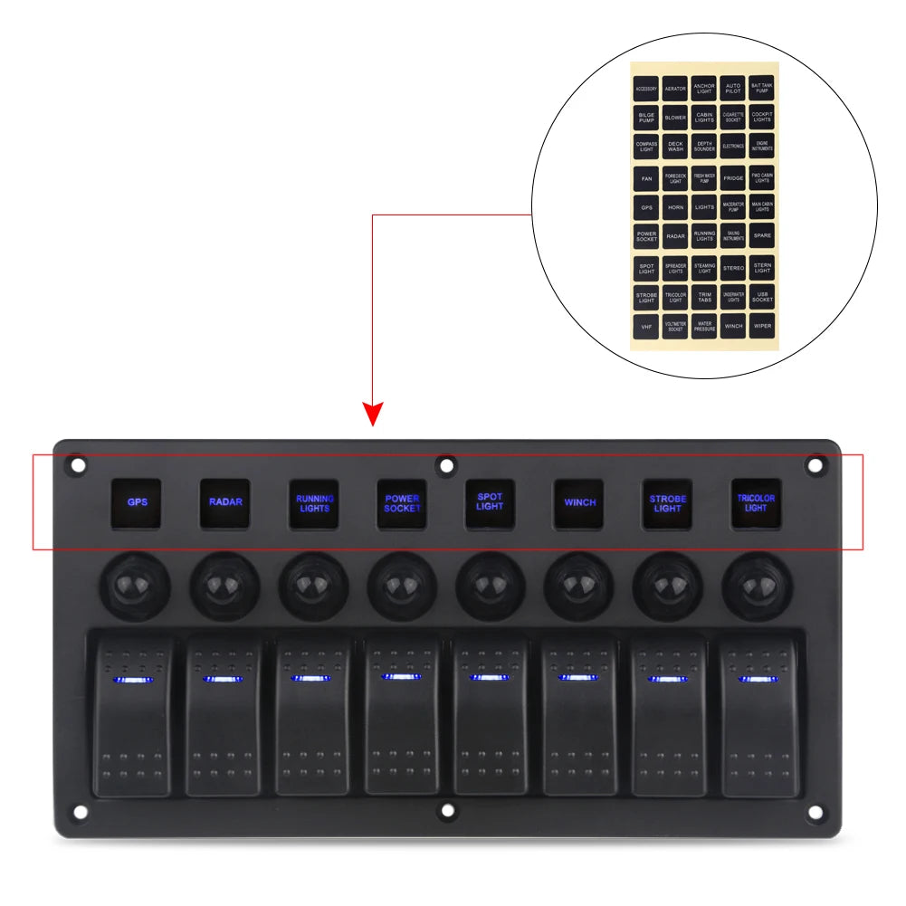 8 gang marine rocker switch panel with circuit breakers - blue LED