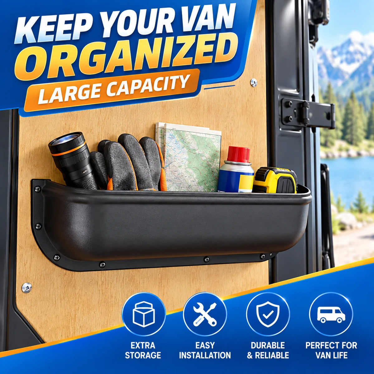 Storage tray fitted to a camper van rear door