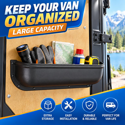 Storage tray fitted to a camper van rear door