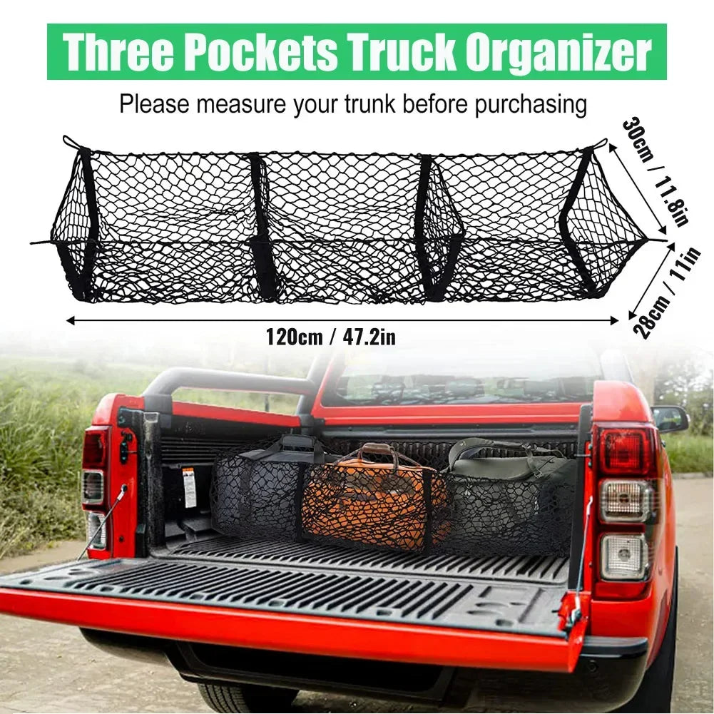 Ute tub cargo net 120 cm long with 3 pockets