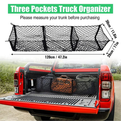 Ute tub cargo net 120 cm long with 3 pockets