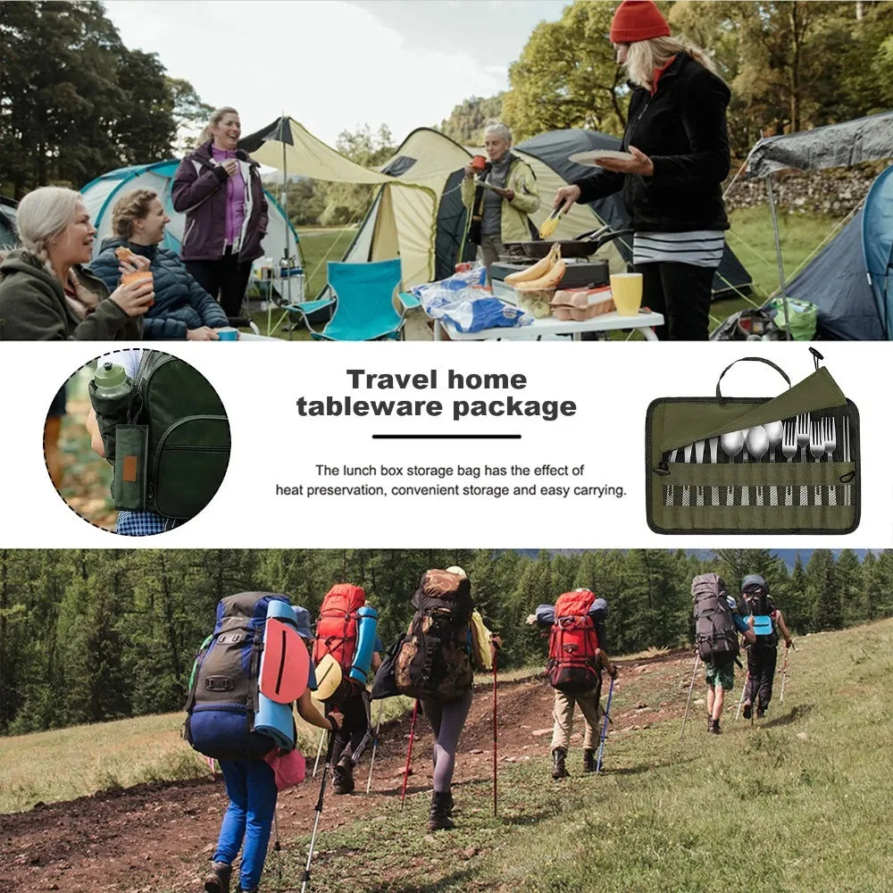 Canvas camping cutlery roll pouch - in use at camp