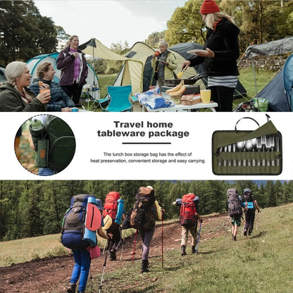 Canvas camping cutlery roll pouch - in use at camp